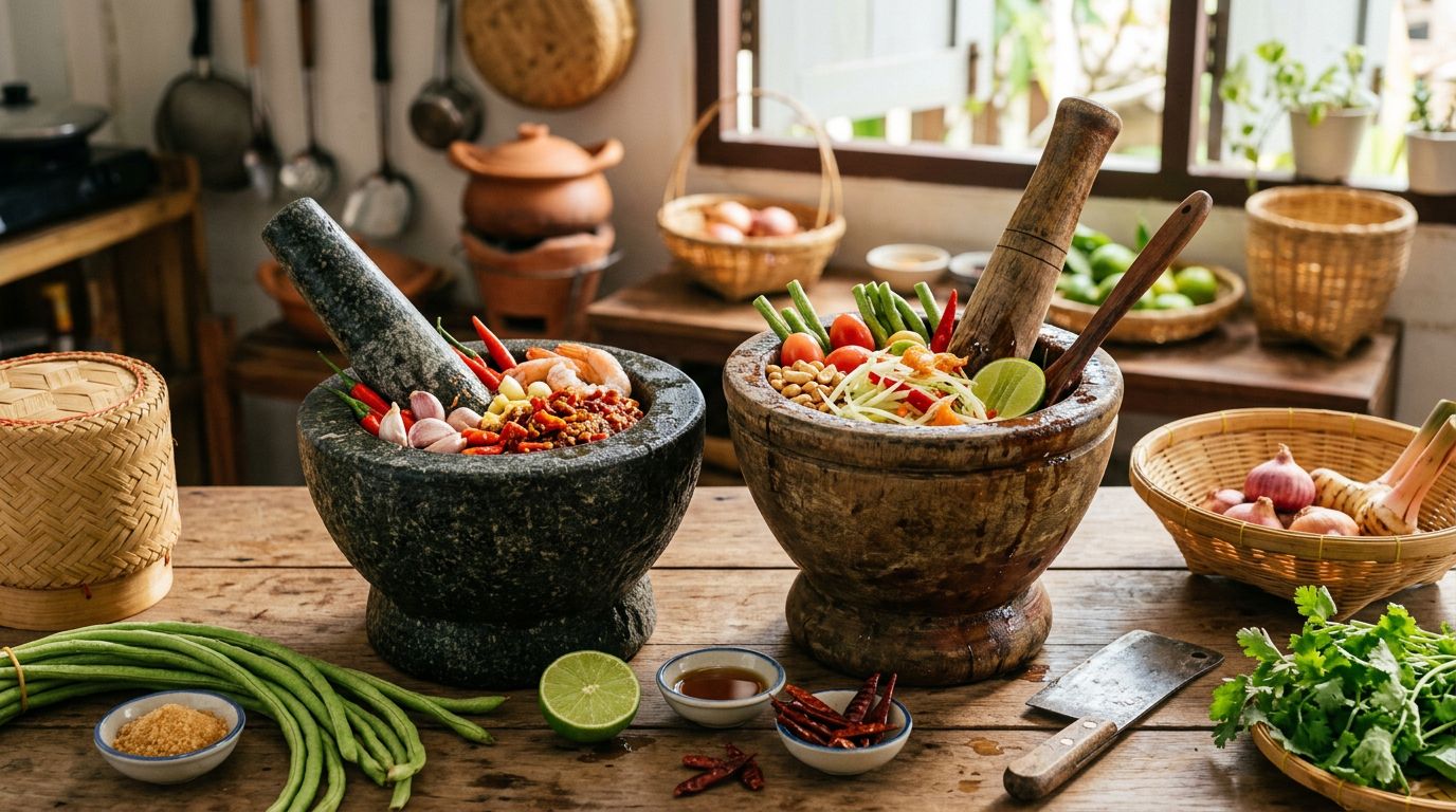 ครกหิน vs ครกไม้ ตำน้ำพริกและส้มตำอันไหนรสชาติถึงเครื่องกว่า และดูแลยังไงให้ใช้ได้นาน