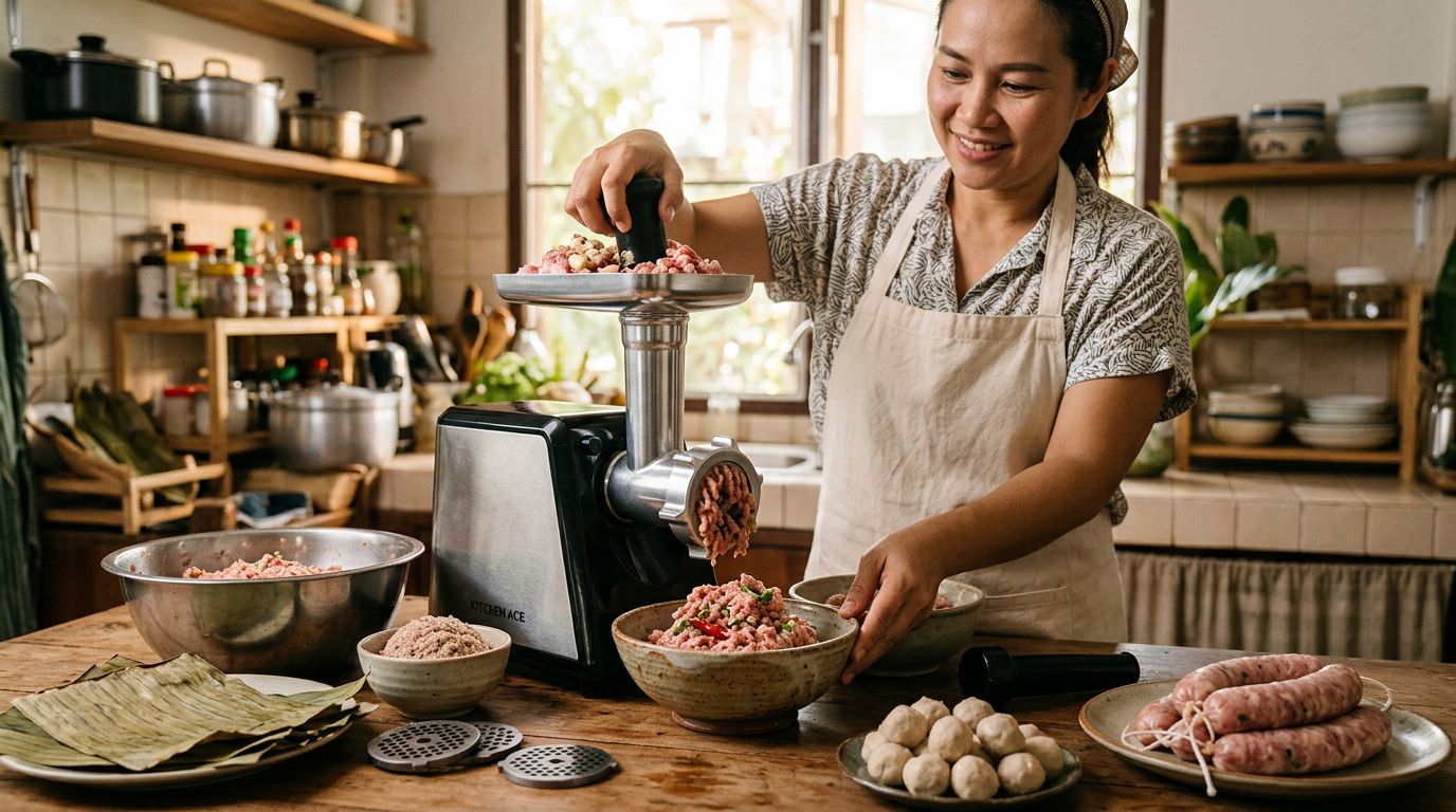 เครื่องบดหมู เครื่องบดเนื้อสำหรับทำลูกชิ้นและไส้กรอกอีสานที่บ้าน เลือกกำลังไฟและหัวบดยังไงให้ได้เนื้อรอบเดียว