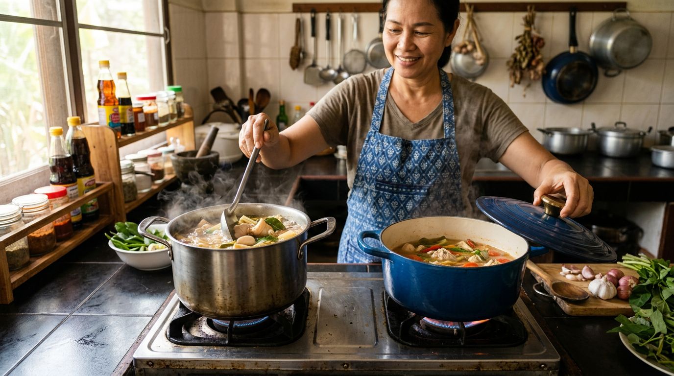 หม้อต้มซุปสเตนเลส 304 กับหม้อเคลือบ เทียบจากการใช้จริงในครัวบ้าน ตั้งไฟนาน กลิ่นไม่ตกค้าง ล้างง่าย